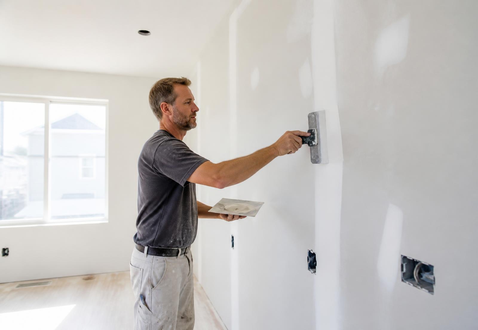 Tradesman finishing drywall inside a bright Minneapolis home